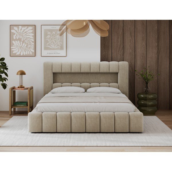 Bēša polsterēta divvietīga gulta ar veļas kasti un ar redelēm 140x200 cm Lamica – ELTAP-image-2