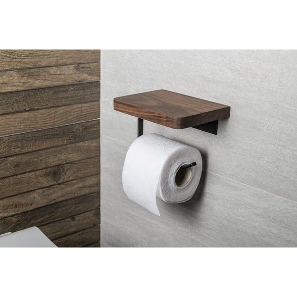 Brūns koka sienas tualetes papīra turētājs ar plauktu – Sapho-image-1