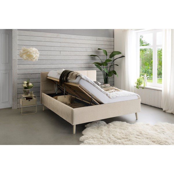 Bēša polsterēta divvietīga gulta ar veļas kasti ar redelēm 180x200 cm Nova – Meise Möbel-image-2