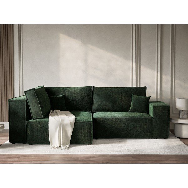 Tumši zaļš salokāms stūra dīvāns no šenila auduma ar uzglabāšanas vietu (ar kreiso stūri/L veida) Tonga – Maison de Rêve-image-1