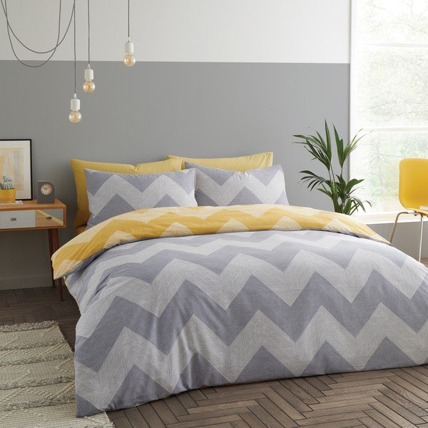 Dzelteni pelēka gultas veļa 200x135 cm Chevron Geo – Catherine Lansfield-image-2