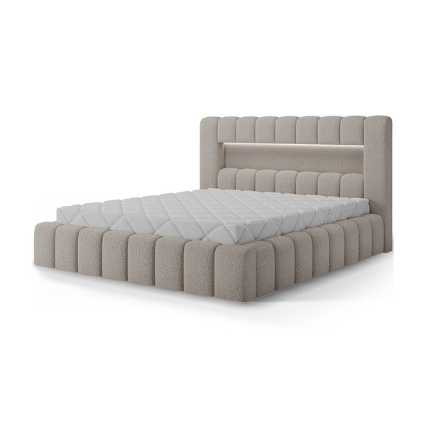 Bēša polsterēta divvietīga gulta ar veļas kasti ar redelēm 140x200 cm Lamica – ELTAP