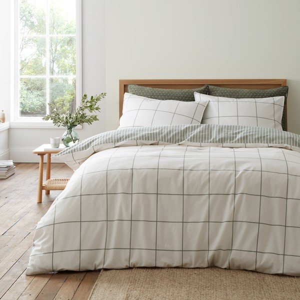 Zaļa/krēmkrāsas divguļamā flaneļa gultas veļa 200x200 cm Brushed Regal Check – Bianca-image-1