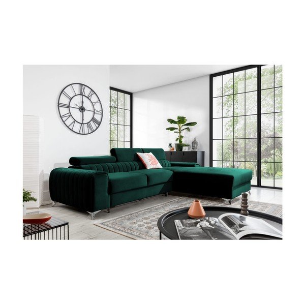 Zaļš samta salokāms/ar uzglabāšanas vietu stūra dīvāns (ar labo stūri/ar zvilni) Grayson – ELTAP-image-1