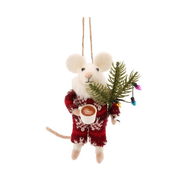 Tekstila Ziemassvētku eglītes rotājums 9 cm Mouse with Coffee – Sass & Belle