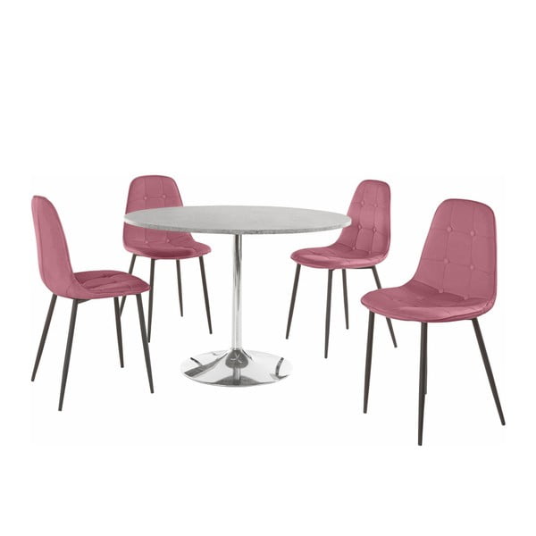 Støraa Terri Betona apaļais ēdamgalds un 4 rozā krēsli