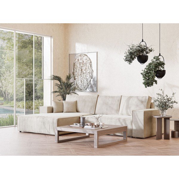 Krēmkrāsas salokāms stūra dīvāns no šenila auduma ar uzglabāšanas vietu (ar kreiso stūri/ar zvilni) Maze – Maison de Rêve-image-1