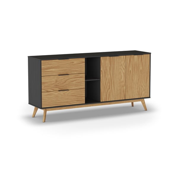 Melna/dabīga toņa zema priedes kumode 165x80 cm Lavis – Marckeric-image-3