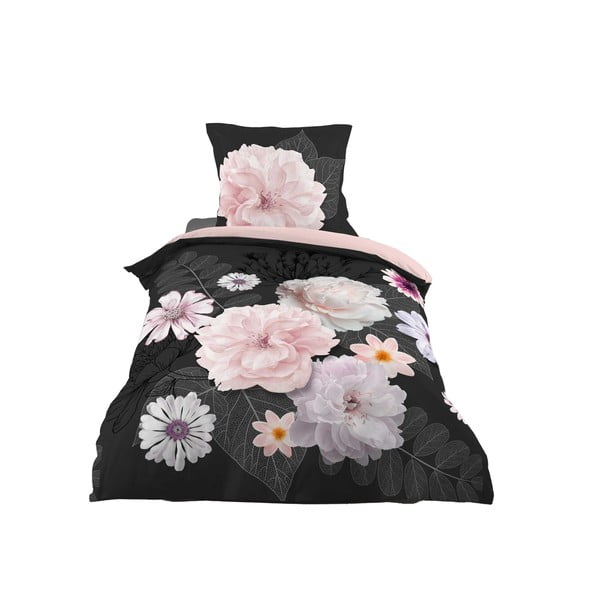 Melna/rozā vienguļamā kokvilnas gultas veļa 140x200 cm Floral – douceur d'intérieur