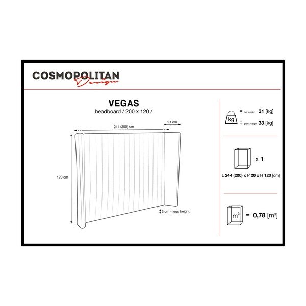 Pelēks galvgals Cosmopolitan Design Vegas, 200 x 120 cm-image-2
