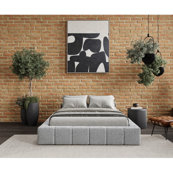 Gaiši pelēka polsterēta divvietīga gulta ar veļas kasti un redelēm 160x200 cm Aruba L – Maison de Rêve-image-1