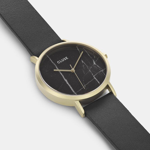 Sieviešu melns pulkstenis ar ādas siksniņu un marmora ciparnīcu Cluse La Roche Rose-image-1