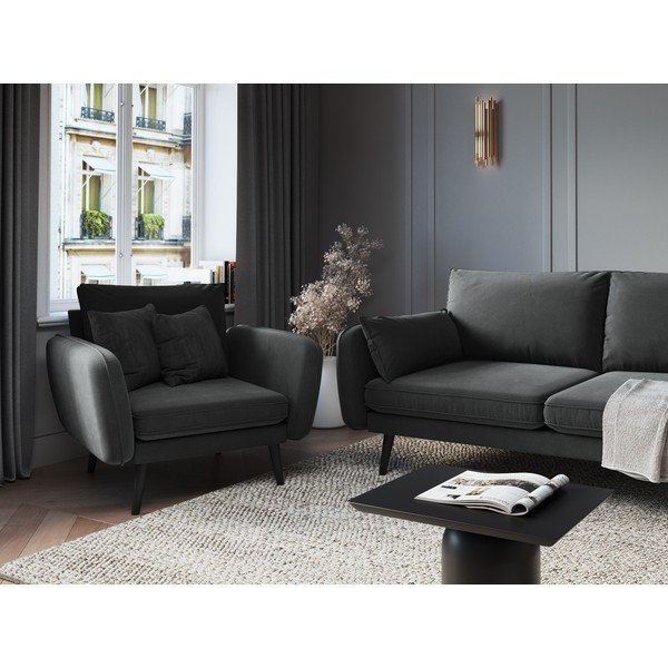 Tumši pelēks samta atpūtas krēsls ar melnām kājām Kooko Home Lento-image-1
