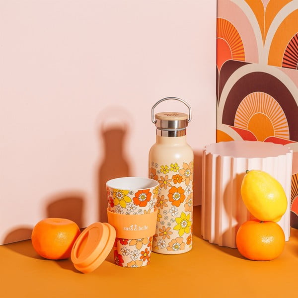 Oranža nerūsējošā tērauda pudele bērniem 500 ml 70s Floral – Sass & Belle-image-1