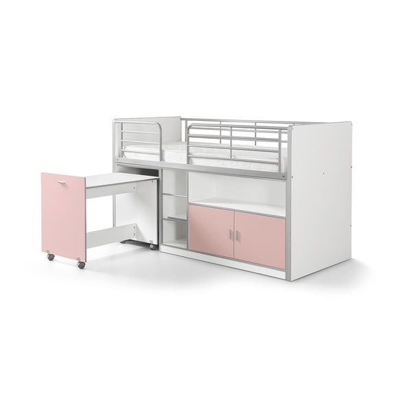 Balta un rozā divstāvu gulta ar izvelkamu galdu un uzglabāšanas vietu Vipack Bonny, 200 x 90 cm