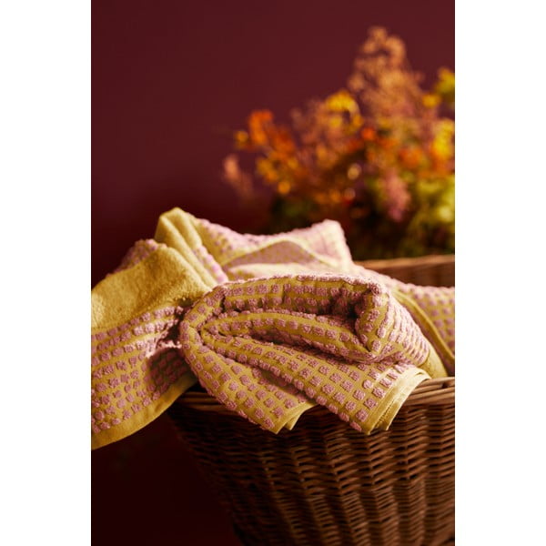 Dzeltens/rozā frotē dvielis no organiskās kokvilnas  70x140 cm Check – JUNA-image-3