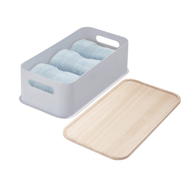 Pelēka uzglabāšanas kaste ar paulovnijas koka vāku iDesign Eco Handled, 21,3 x 43 cm-image-4