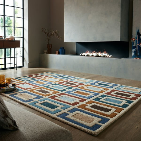 Zils/oranžs ar rokām darināts vilnas paklājs 200x290 cm Retro Blocks – Flair Rugs-image-1
