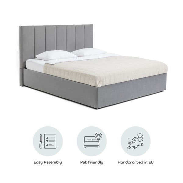 Pelēka polsterēta divvietīga gulta ar veļas kasti un redelēm 180x200 cm Thessa Bold Line – Bonami Selection-image-4