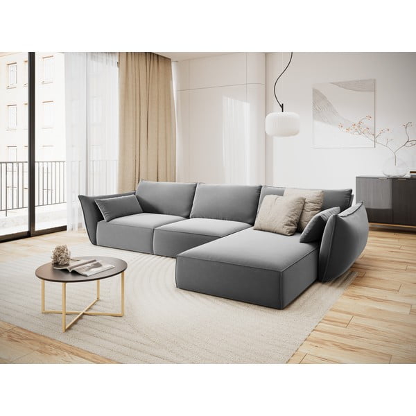 Gaiši pelēks samta stūra dīvāns (ar labo stūri/ar zvilni) Vanda – Mazzini Sofas-image-1