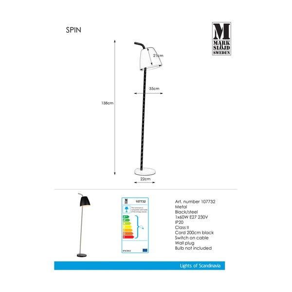 Melna stāvlampa Markslöjd Spin Floor Black, augstums 1,38 m-image-2