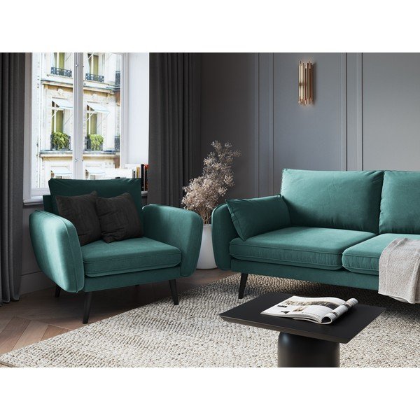 Zilganzaļš samta atpūtas krēsls ar melnām kājām Kooko Home Lento-image-1