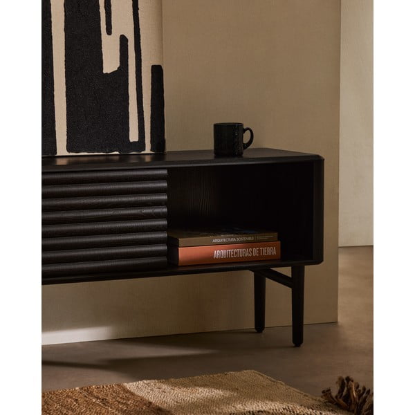 Melns TV galdiņš ar ozolkoka imitāciju 200x57x35 cm Lenon – Kave Home-image-3