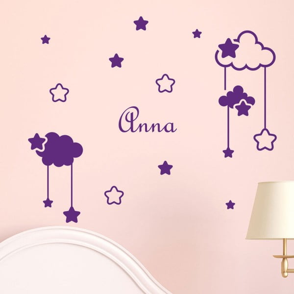 Violeto sienas uzlīmju komplekts ar alfabētu Ambiance Clouds un Stars