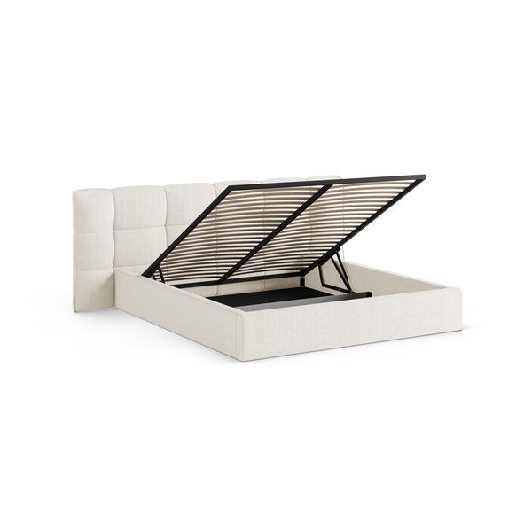 Ziloņkaula krāsas polsterēta divvietīga gulta ar veļas kasti un redelēm 160x200 cm Eric – Micadoni -image-2