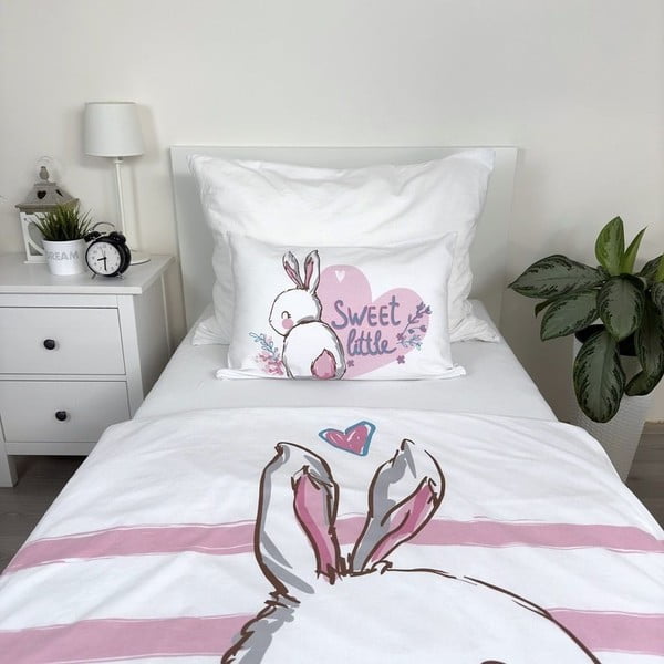 Balta/rozā kokvilnas bērnu gultas veļa 100x135 cm Bunny "Sweet" – Jerry Fabrics-image-3