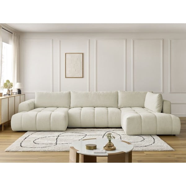 Bēšs salokāms/ar uzglabāšanas vietu stūra dīvāns (ar labo stūri/U veida) Fuji – Bobochic Paris-image-1