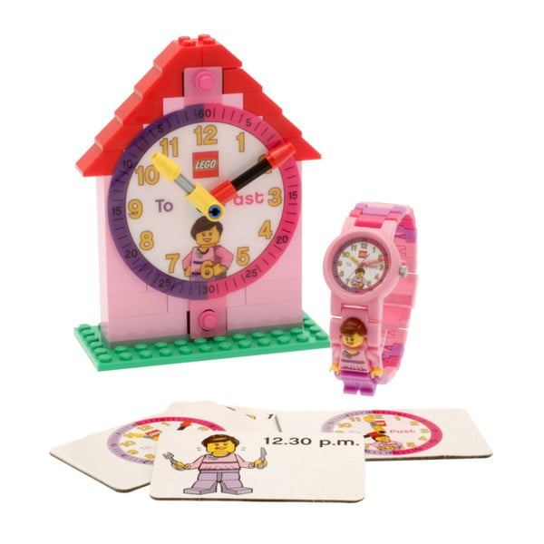 Rozā pulkstenis un LEGO® Time Teacher mācību komplekts