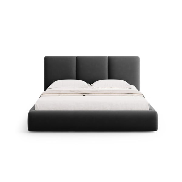 Tumši pelēka samta polsterēta divvietīga gulta ar veļas kasti un redelēm 140x200 cm Brody – Mazzini Beds-image-3