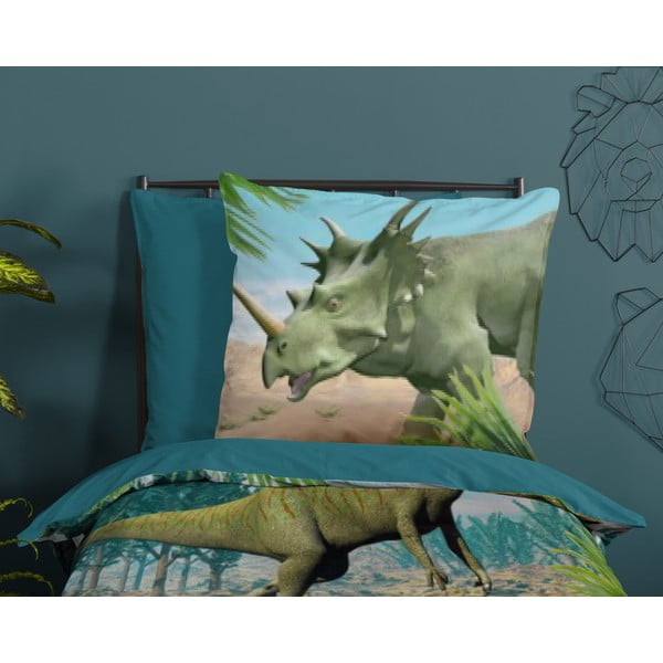 Zaļa/zila vienguļamā kokvilnas bērnu gultas veļa 140x200 cm Dino – Good Morning-image-2