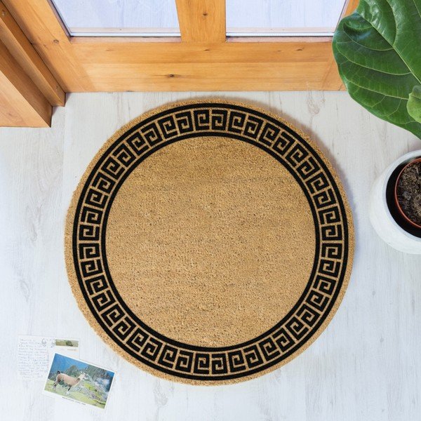 Melns apaļš paklājs no dabīgās kokosšķiedras Artsy Doormats Greek Border, ⌀ 70 cm-image-1