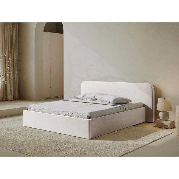 Ziloņkaula krāsas polsterēta divvietīga gulta ar veļas kasti un redelēm 180x200 cm Elizabeth – Micadoni -image-1