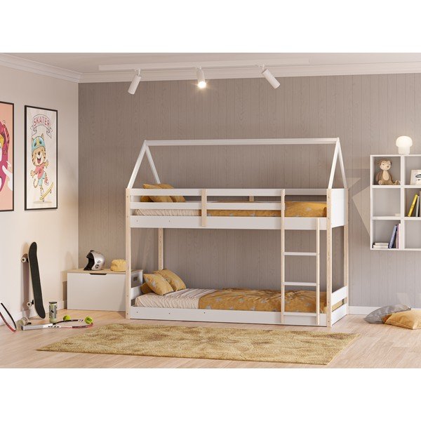 Balta/dabīga toņa bērnu gulta mājas formā/divstāvu 90x190 cm Valka – Marckeric-image-1