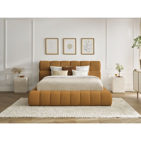 Sinepju dzeltena polsterēta divvietīga gulta ar veļas kasti un redelēm 160x200 cm Mont Blanc – Bobochic Paris-image-1