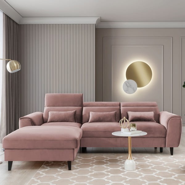 Rozā samta salokāms/ar uzglabāšanas vietu stūra dīvāns (ar kreiso stūri/ar zvilni) Foble – ELTAP-image-1
