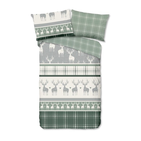 Zaļa/krēmkrāsas vienguļamā flaneļa gultas veļa 140x200 cm Bjirk – Good Morning