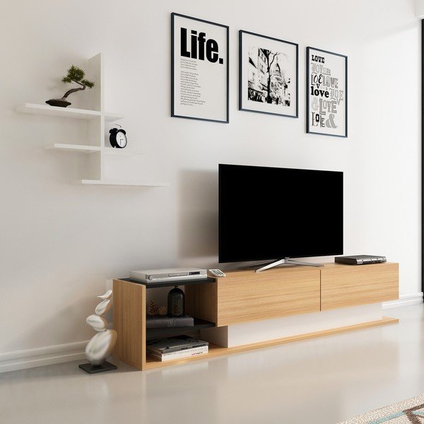 Balts/dabīga toņa TV plauktu komplekts no eksotiska koka imitācijas 180x40 cm Liza – Kalune Design-image-4