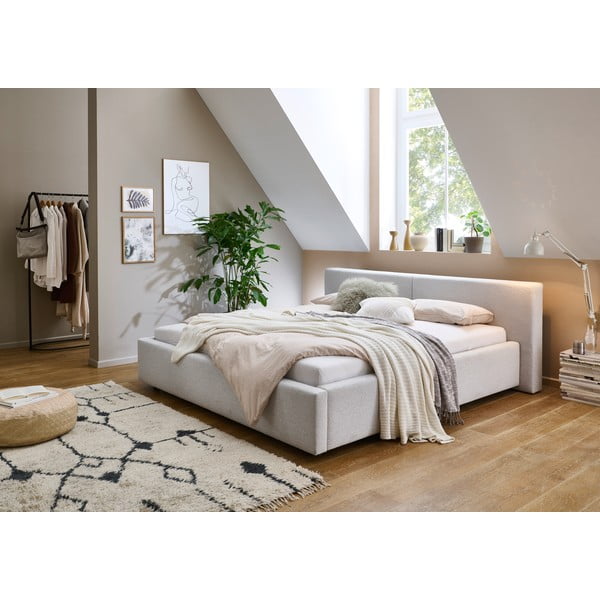 Gaiši pelēka polsterēta divvietīga gulta ar veļas kasti ar redelēm 160x200 cm Cube – Meise Möbel-image-1