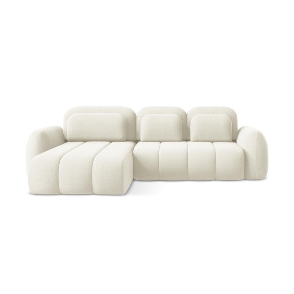 Bēšs salokāms stūra dīvāns no buklē auduma ar uzglabāšanas vietu (ar kreiso stūri/ar zvilni) Pele – Makamii