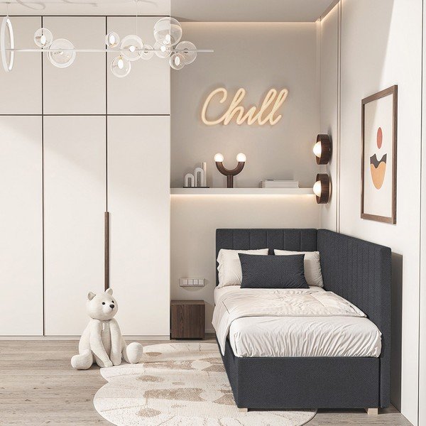 Tumši zila stūra bērnu gulta ar veļas kasti ar matraci 90x200 cm Snugi – Ghado-image-1