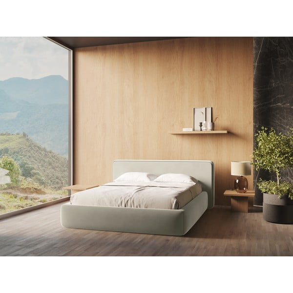 Krēmkrāsas polsterēta divvietīga gulta ar veļas kasti un redelēm 180x200 cm Kiana – Makamii-image-1