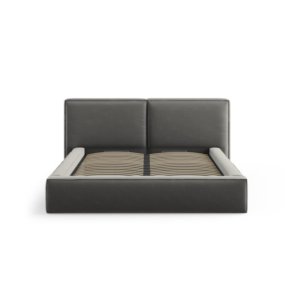 Pelēka samta polsterēta divvietīga gulta ar veļas kasti un redelēm 180x200 cm Arendal – Cosmopolitan Design-image-3