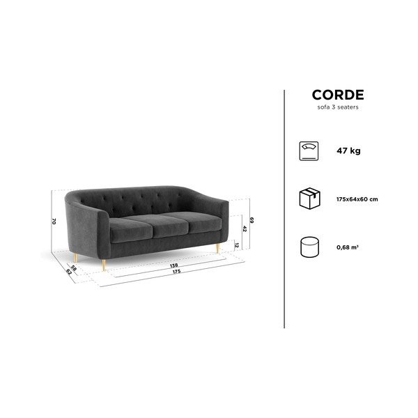 Sarkans samta dīvāns Kooko Home Corde, 175 cm-image-2