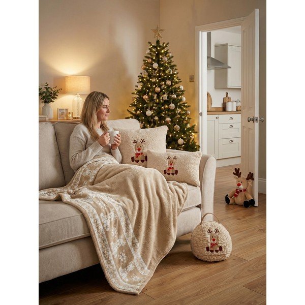 Bēšs flaneļa pleds ar Ziemassvētku motīvu 130x160 cm XMAS – Tiseco Home Studio-image-2