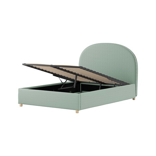 Zaļa polsterēta divvietīga gulta ar veļas kasti un redelēm 140x200 cm Moon – Vipack-image-4