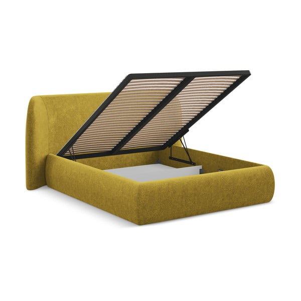 Sinepju dzeltena polsterēta divvietīga gulta ar veļas kasti un redelēm 160x200 cm Hauke – Makamii-image-2